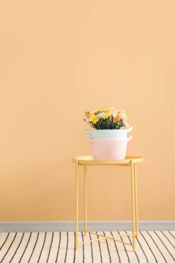 Odadaki çiçekli sepetler.