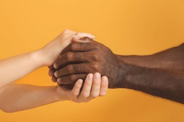 Beyaz kadın ve Afro-Amerikalı erkek renk geçmişinde el ele tutuşuyorlar. Irkçılık kavramı