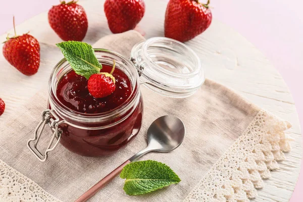 Jar Tasty Strawberry Jam Table Closeup — Stock Photo, Image