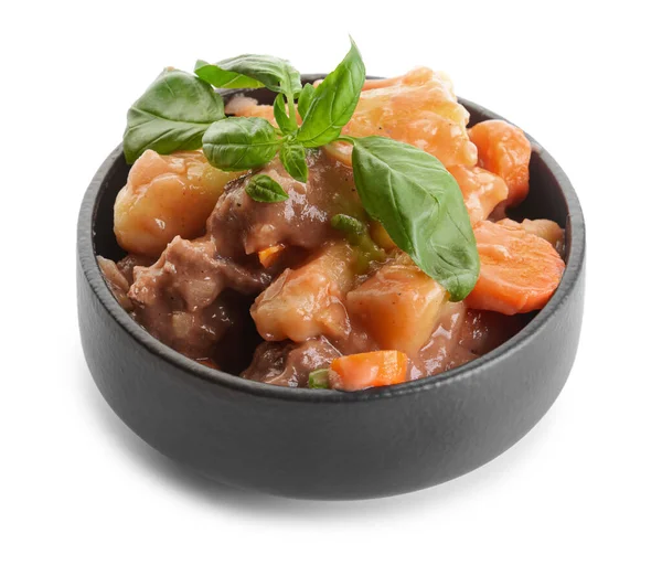 Bowl Tasty Beef Stew White Background — Stock Photo, Image