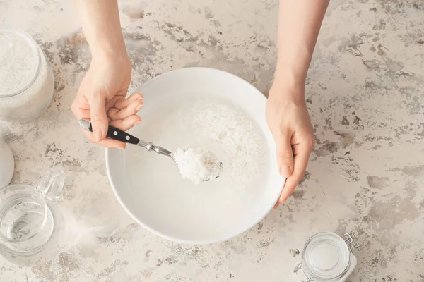 Woman Preparing Rice Water Top View — Stock Photo, Image