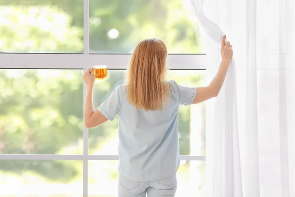 Beautiful Woman Drinking Tea Window Home — Stock Photo, Image