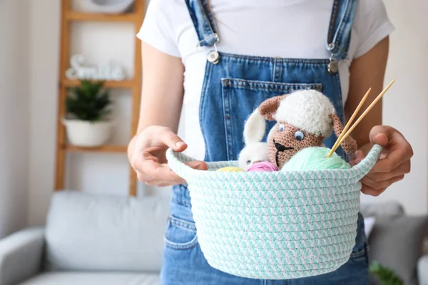 Woman Holding Wicker Basket Toys Knitting Yarn Room — Stock Photo, Image