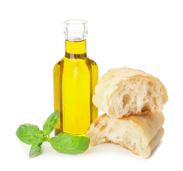 Bottle Tasty Olive Oil Bread White Background — Stock Photo, Image