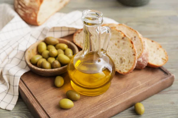 Bottle Tasty Olive Oil Bread Table — Stock Photo, Image