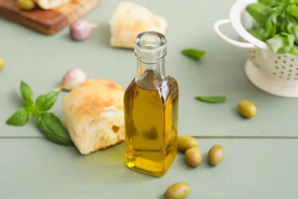 Bottle Tasty Olive Oil Bread Table — Stock Photo, Image