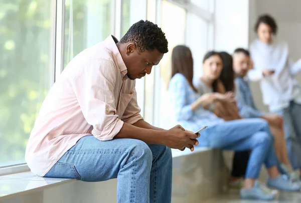 Lonely African American Man Window Hall Stop Racism — Stock Photo, Image