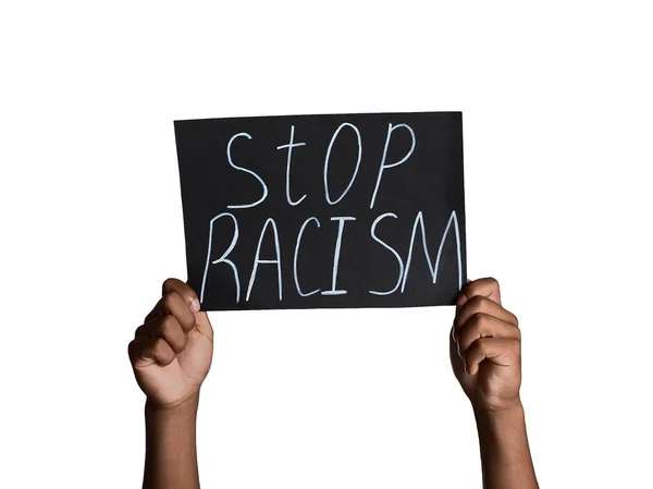 Adolescente Afroamericano Con Póster Sobre Fondo Claro Detener Racismo — Foto de Stock