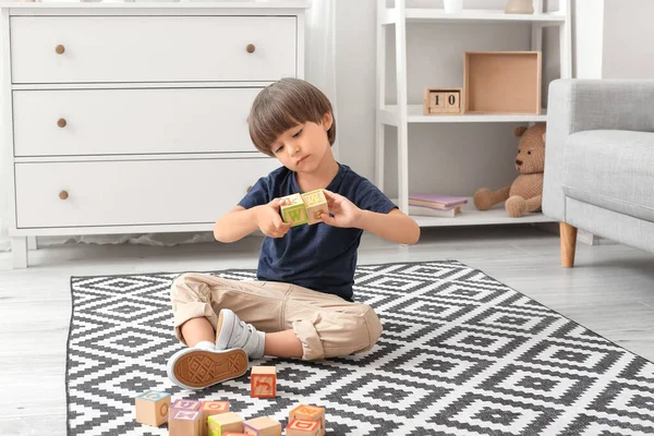 Little Boy Autistic Disorder Playing Cubes Home — Stock Photo, Image