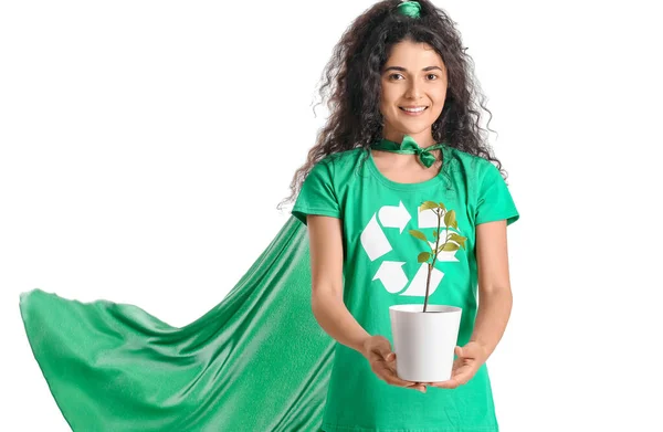 Mujer Vestida Eco Superhéroe Con Planta Sobre Fondo Blanco —  Fotos de Stock