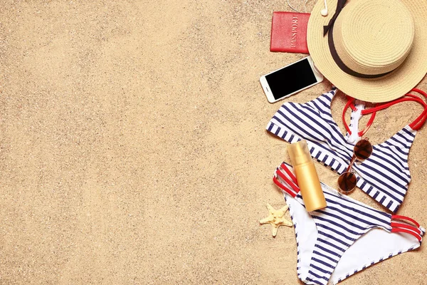 Set Beach Accessories Sand Top View — Stock Photo, Image