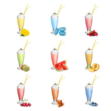 Beyaz arka planda farklı lezzetli milkshake bardakları
