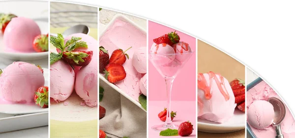 Collage Von Fotos Mit Leckerem Erdbeereis — Stockfoto