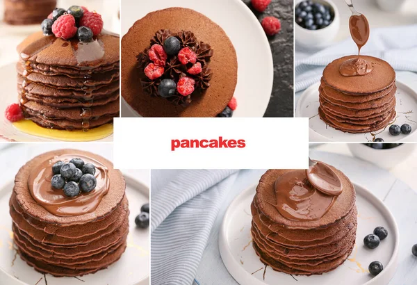 Collage Fotos Con Deliciosos Panqueques Chocolate — Foto de Stock