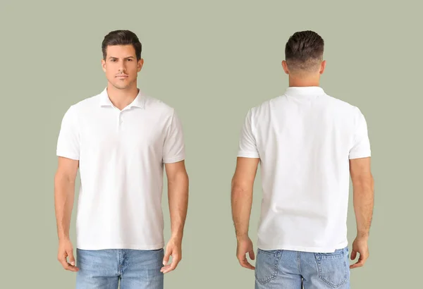 Young Man Stylish Shirt Color Background Front Back View — Stock Photo, Image