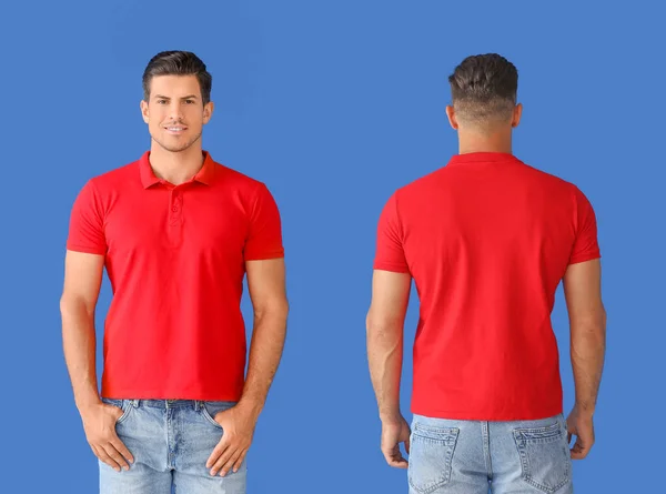 Young Man Stylish Shirt Color Background Front Back View — Stock Photo, Image