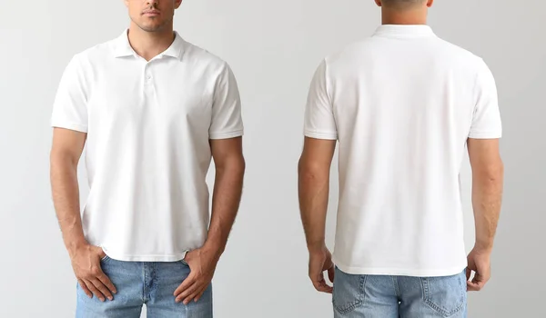 Young Man Stylish Shirt Light Background Front Back View — Stock Photo, Image