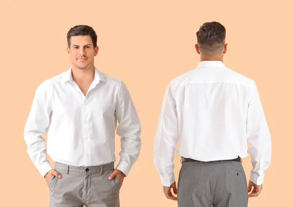 Young Businessman Stylish Shirt Color Background Front Back View — Stock Photo, Image