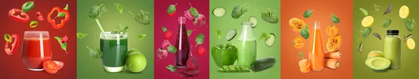 Verschiedene Gemüsesäfte Und Fliegende Zutaten Auf Farbigem Hintergrund — Stockfoto