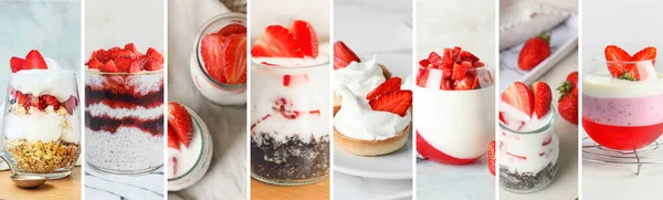 Collage Von Fotos Mit Leckeren Erdbeerdesserts — Stockfoto