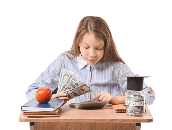 Girl Savings Education Calculator Sitting Desk White Background — Stock Photo, Image