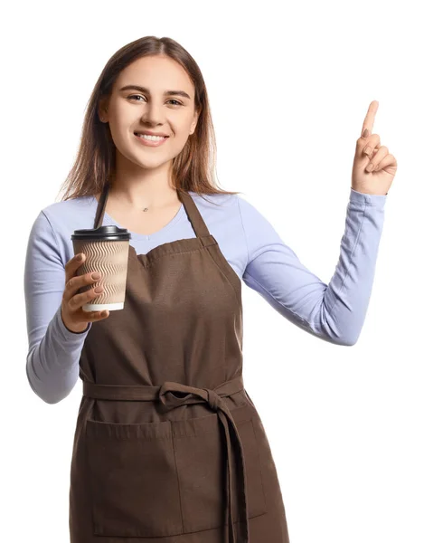 Vrouwelijke Barista Wijst Naar Iets Een Witte Achtergrond — Stockfoto