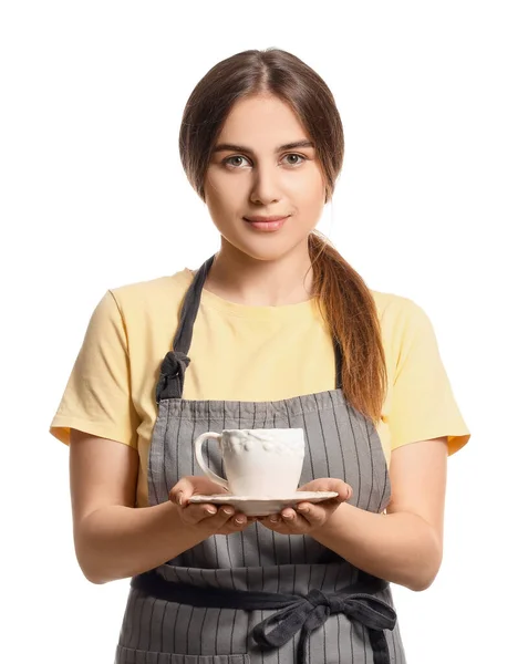 Vrouwelijke Barista Witte Achtergrond — Stockfoto