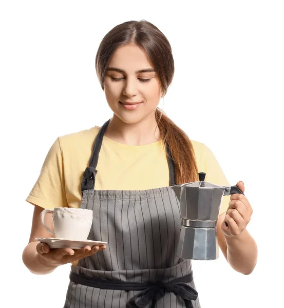 Vrouwelijke Barista Witte Achtergrond — Stockfoto