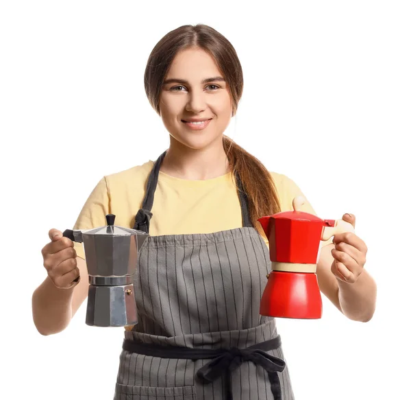 Female Barista White Background — Stock Photo, Image