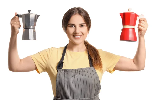 Vrouwelijke Barista Witte Achtergrond — Stockfoto