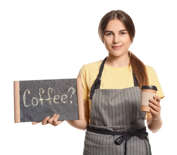 Vrouwelijke Barista Met Krijtbord Witte Achtergrond — Stockfoto