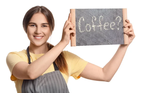 Barista Mit Kreidetafel Auf Weißem Hintergrund — Stockfoto