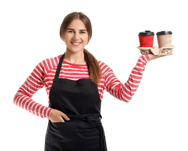 Female Barista White Background — Stock Photo, Image