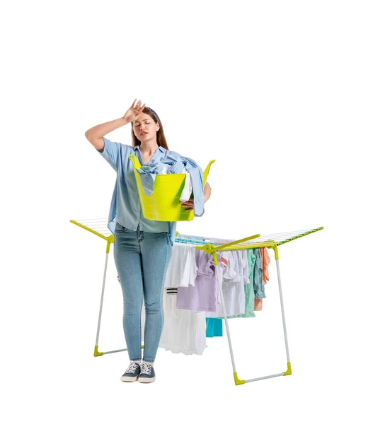 Mujer Cansada Con Ropa Limpia Secadora Sobre Fondo Blanco — Foto de Stock