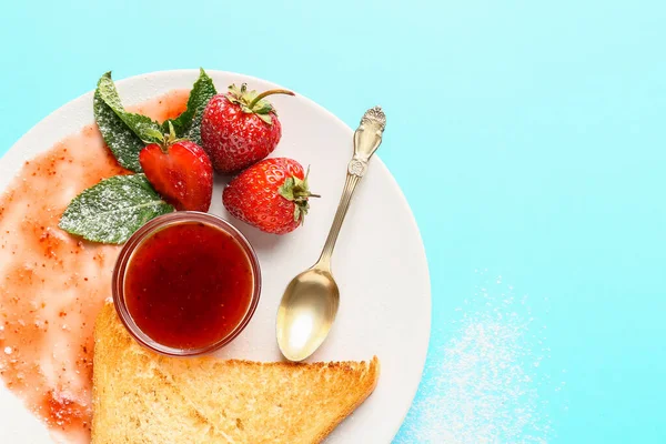 Plate Tasty Strawberry Jam Bread Color Background — Stock Photo, Image