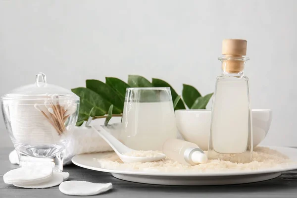 Healthy Rice Water Cosmetic Supplies Table — Stock Photo, Image