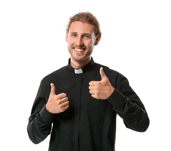 Красивый Священник Показывает Большой Палец Вверх Белом Фоне — стоковое фото