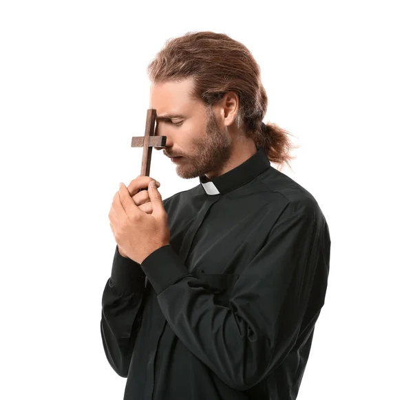 Hermoso Sacerdote Orante Sobre Fondo Blanco — Foto de Stock