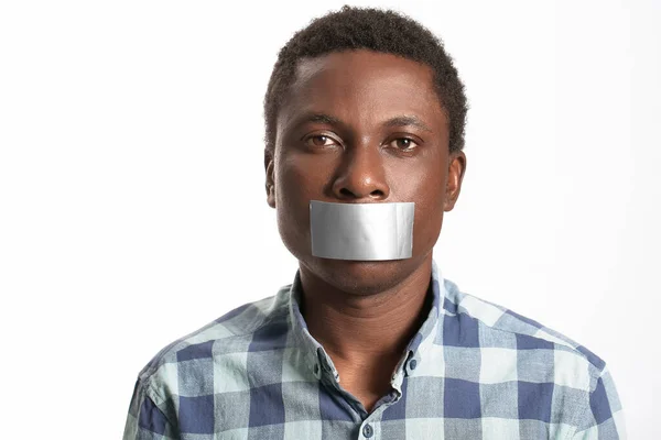 Sad African American Man Taped Mouth White Background Stop Racism — Stock Photo, Image