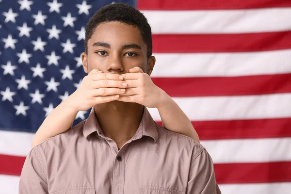 Szomorú Afro Amerikai Tinédzser Fiú Száját Takaró Személy Usa Nemzeti — Stock Fotó