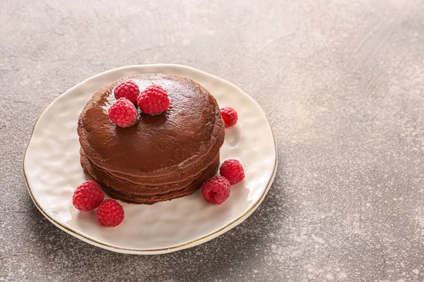 Plate Delicious Chocolate Pancakes Grey Background — Stock Photo, Image