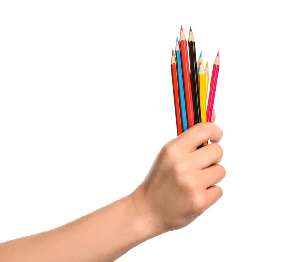 白い背景に鉛筆で女性の手 — ストック写真