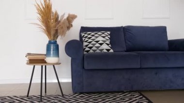 Şık bir kanepe ve oturma odasının içinde kitaplar olan bir masa.