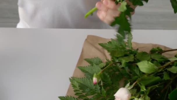 Mulher Cortando Flores Frescas Colocando Vaso Mesa — Vídeo de Stock