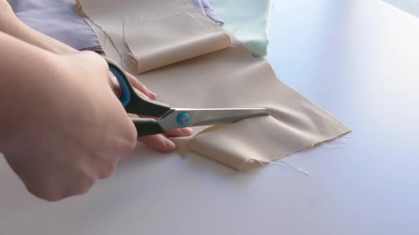 Female Tailor Cutting Cloth Table Atelier Closeup — Stock Video