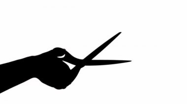 Makasla erkek elinin silueti ve beyaz arka planda düşen kağıt parçaları.