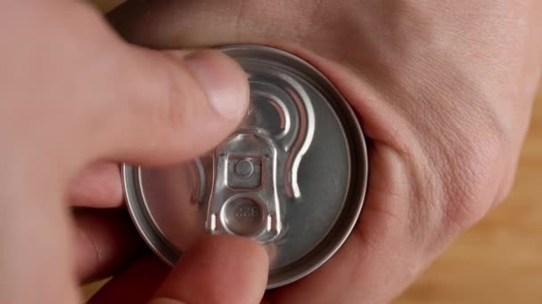 Man Opening Tin Can Soda Table Closeup — Stock Video