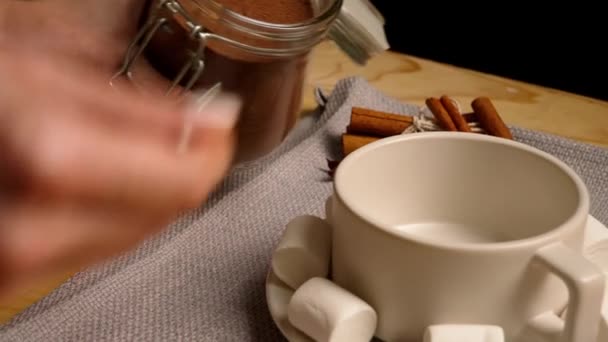 Γυναίκα Προετοιμασία Ζεστό Κακάο Ποτό Στο Τραπέζι Closeup — Αρχείο Βίντεο