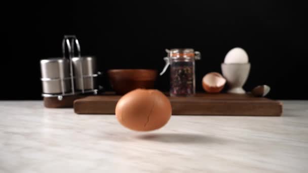 Falling Boiled Egg Kitchen Table — Stock Video