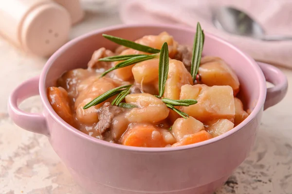 Pot Tasty Beef Stew Table Closeup — Stock Photo, Image